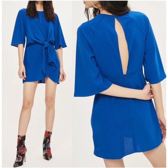 Topshop Mini Dress Knot Front Shift Dress Royal Blue Keyhole Sz 8 Party Romantic - Picture 3 of 12